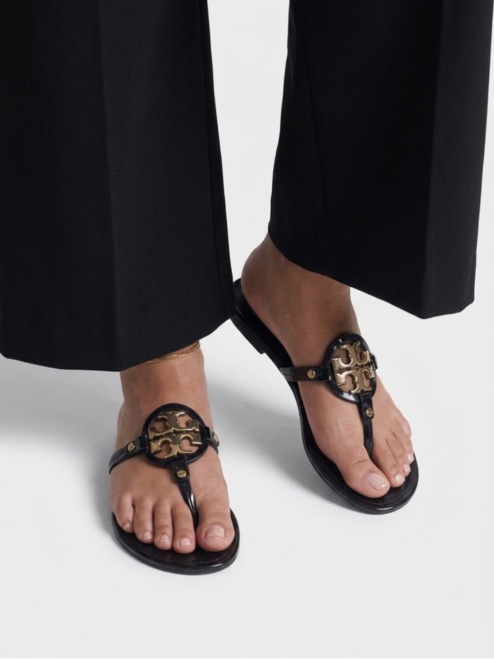Tory Burch Black Leather Miller Logo Thong Sandals with Gold Hardware